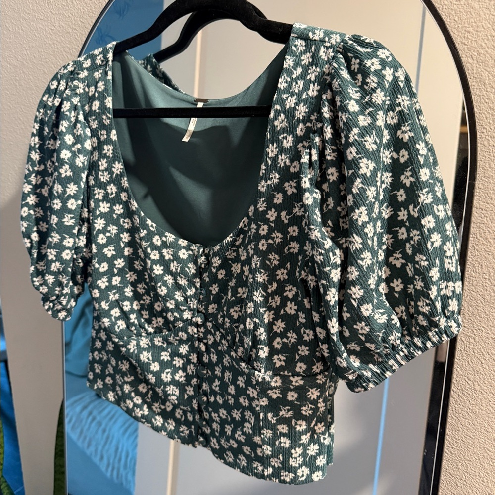 Free People Floral Green Puff Sleeve Top